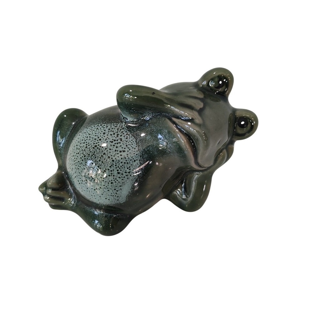 Frog Figurine Chillin Reclining Worrying Perplexed Green Thinking Glazed Ceramic